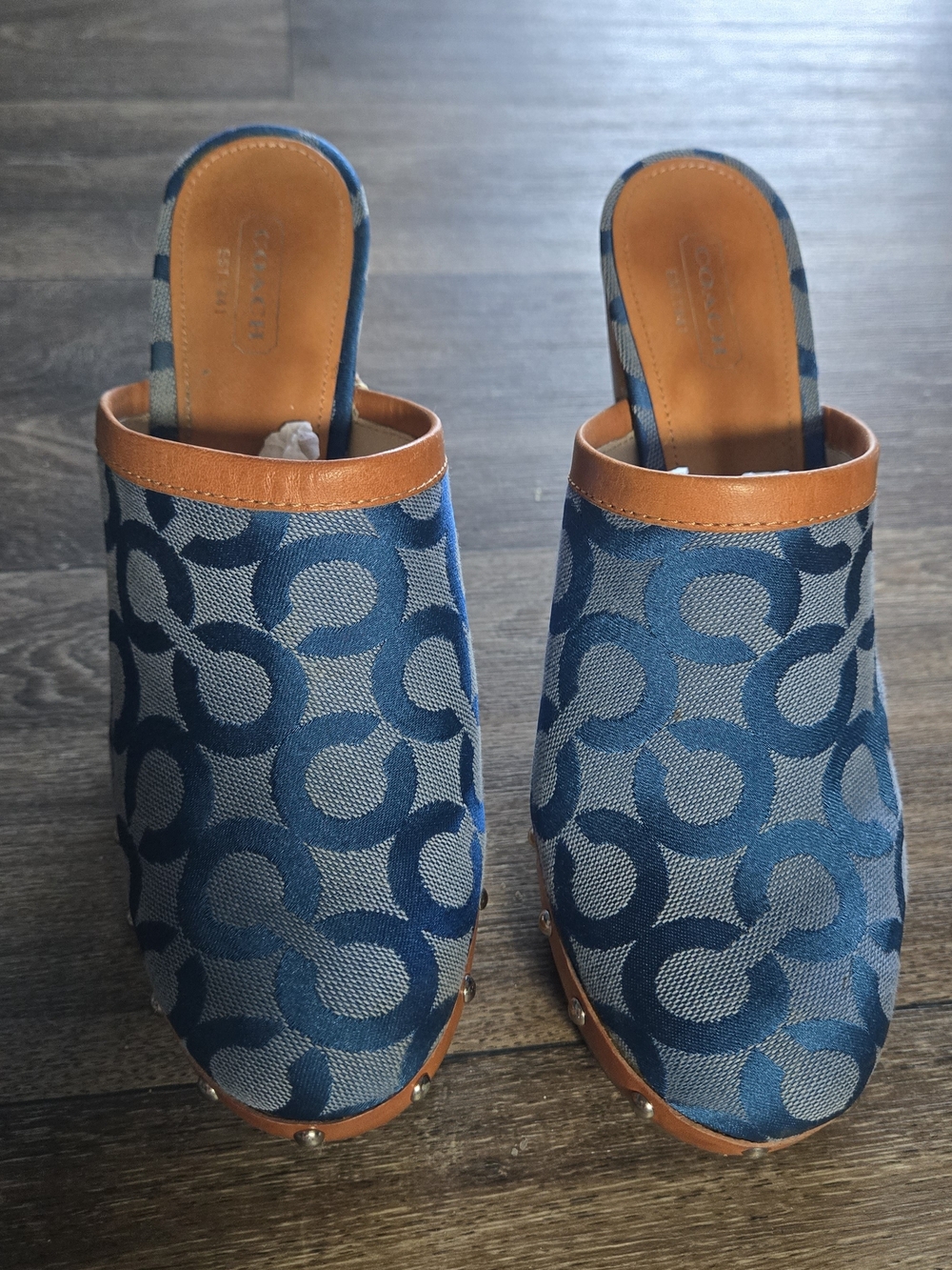 Y2K Auth COACH Blue Plaid Leather Mule/Clog With Wooden Heels - Picture 5 of 14